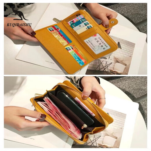 Cool Kangaroo KQ2024 new Korean women's long clutch bag top layer cowhide cowhide wallet fashionable simple multi-functional mobile phone bag green