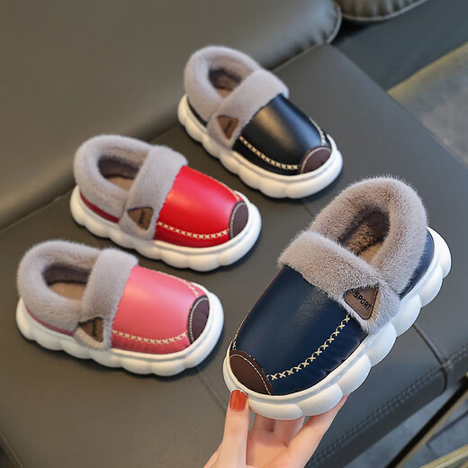 Yiai children's cotton slippers winter boys and girls pu leather waterproof soft bottom non-slip parent-child indoor warm plush cotton slippers blue leather surface 36-37 (one size smaller) inner length 22.5