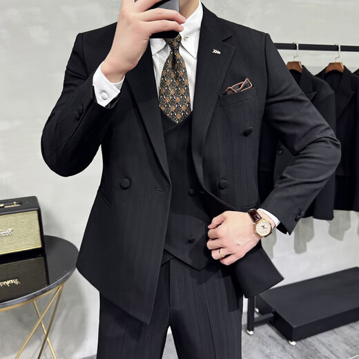 Jessons Herren-Doppelbrust gestreifter Anzug Bräutigam Hochzeitskleider Business Casual Work Work-Interview Anzug Dreiköpfig dunkelblau (Anzug + Hemd + Weste + Hose) 5xl (175-190jin [Jin gleich 0,5 kg])