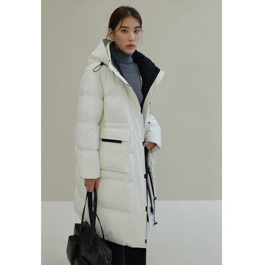 Single bundle large size women's mid-length age-reducing stand collar hooded down jacket for women with slightly fat mm winter new warm down jacket black and white M (size 1)