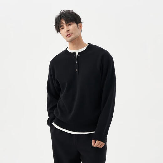 LEZORA Superfine Merino Wool Cashmere Autumn and Winter Loose Henley Neck Sweater for Men Black S