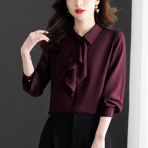 Oubaixi temperament chiffon ribbon shirt for women spring 2026 new style fashionable and age-reducing long-sleeved top purple XL