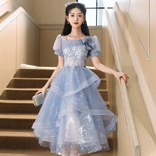 Libaixin Blue Robe de soirée 2025 New Style Banquet haut de gamme Examen d'art étudiant français Niche Host Puff Jirt Women Long M suggère 90-100 Jin [Jin est égal à 0,5 kg]