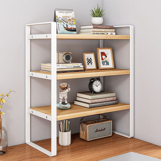 Yilande desktop simple small bookshelf wrought iron storage rack home bay window desk multi-layer computer desk shelf table storage rack three-layer Nordic maple color-white shelf