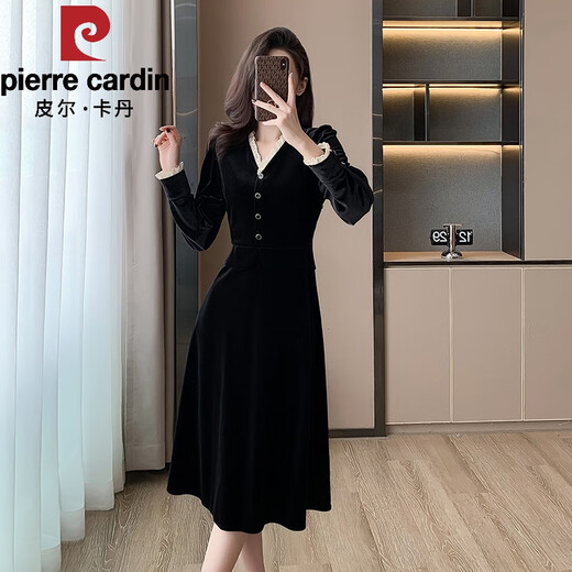 Pierre Cardin 2025 Herbst- und Winter Koreanische Version des Promi-Temperaments Velvet V-Ausschnitt Longärmedose Schwarzes kleines Kleid Frauen-Basisrock Langer Rock Schwarz 2xl