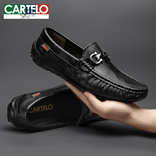 CARTELO leather shoes for men's genuine leather summer new breathable casual men's shoes soft sole lightweight one-foot kick-up bean shoes black hollow 9905 38 [Standard size of leather shoes]