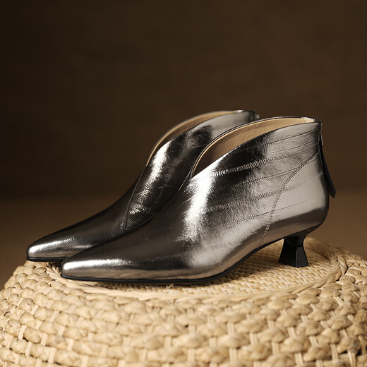 Asamachi French Elegant Pointed Sheepskin Short Boots and Ankle Boots for Women Spring White V-neck Nude Boots Deep Mouth Women's Shoes Commuting Women's Boots Gunmetal 38