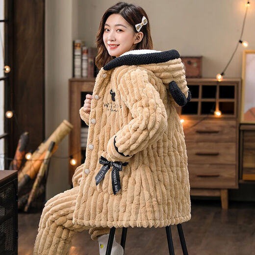 GTYUWVG湖南省省服女冬天珊瑚绒加厚加绒三层夹棉袄法兰绒秋冬季大码家居 hl6636蓝色-中长.款 M  推荐80-100斤