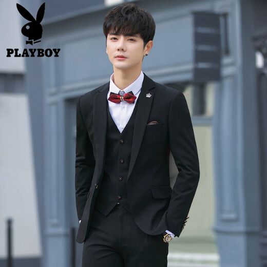 Playboy Suit Men's Casual Jacket Men's Fashion Handsome Professional Formal Wear Three-piece Slim Korean Style Suit Groom Wedding Black Three-piece Suit XL