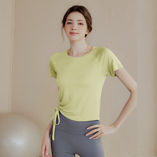 LULU CENTURY Nude quick-drying yoga wear women's thin short-sleeved T-shirt summer slim sports top running Pilates fitness wear light yellow L