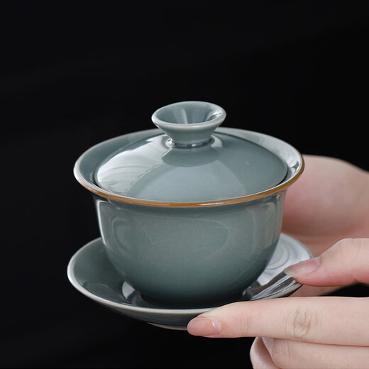 Yunshun Dehua Ge Kiln Sancai Covered Bowl Ice-cracked Tea Bowl Single Tea Brewing Kung Fu Tea Set Household Ceramic Tea Cup Ge Kiln Covered Bowl-Tianqing 170ml