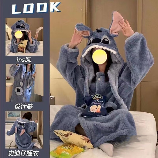 Yi Shuhan Pajamas Couple Outfits One Male and One Female Stitch Cartoon Internet Celebrity Winter Coral Velvet Long Pajamas Home Clothes Set Blue Stitch Pajamas + Pants M 100-130Jin Jin equals 0.5 kg