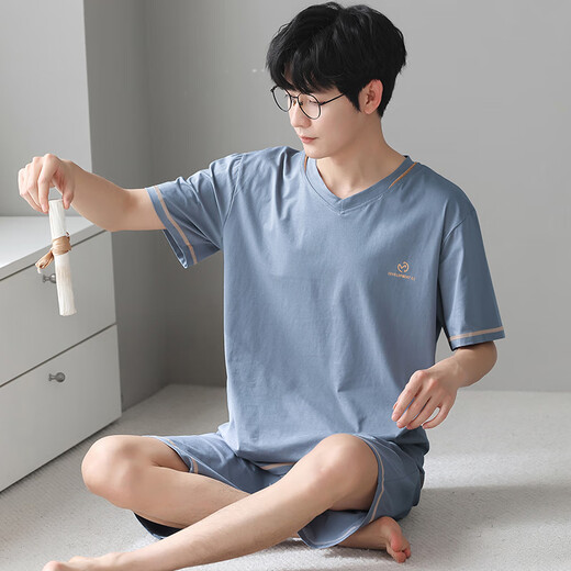 浪莎男士睡衣冰丝莫代尔触感可外穿夏季V领简约休闲家居服套装 浅蓝 XL