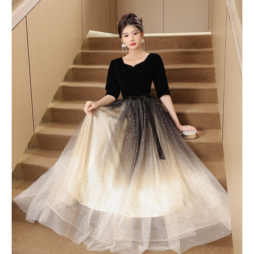 Timochi violin piano performance dress female high school student choir conductor evening high-end light luxury niche host banquet black gradient L