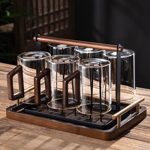 Pulian glass set for home living room green tea cup large capacity drinking cup Chinese style wooden handle 310ml walnut handle cup 6 pieces + cup holder + wooden tray