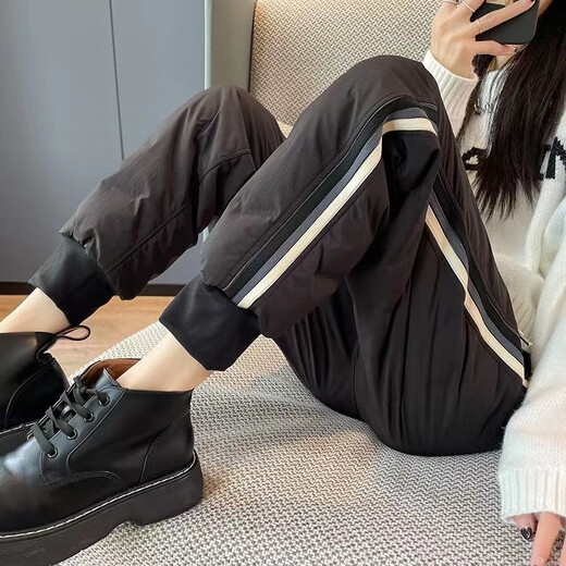 Warm Winter Duck Down Pants Women's Outerwear Winter 2025 New Thickened Harlan White Duck Down Fashionable Plush Cotton Pants Martin Boot Pants Black M 80-100Jin Jin is equal to 0.5 kg