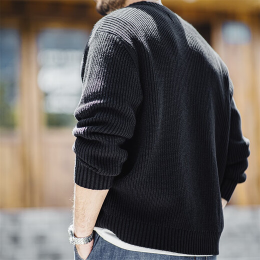 Maden Workwear American retro knitted Henry shirt Ami Khaki vertical striped pullover sweater men's spring black XL