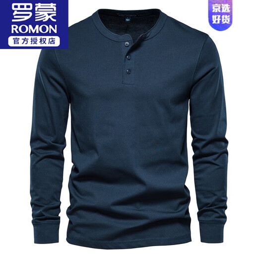 ROMON American retro long-sleeved Henry shirt spring and autumn T-shirt men's heavy cotton Ami khaki casual black loose top dark blue A501 long sleeve L 145-160Jin Jin equals 0.5 kg