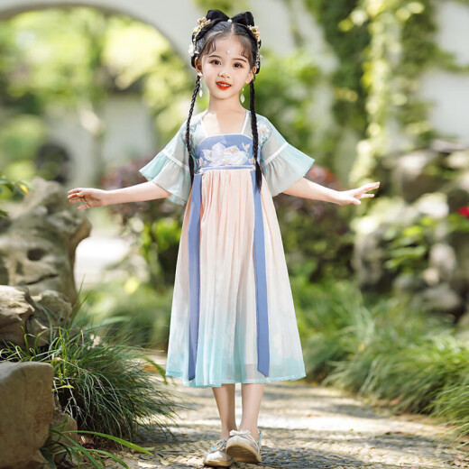 Aibaoshi children's Hanfu girls summer costume short-sleeved dress girls children's day gift Chinese style performance suit S689 Qingshan Dai 120 cm [suggested height 116-125 cm]