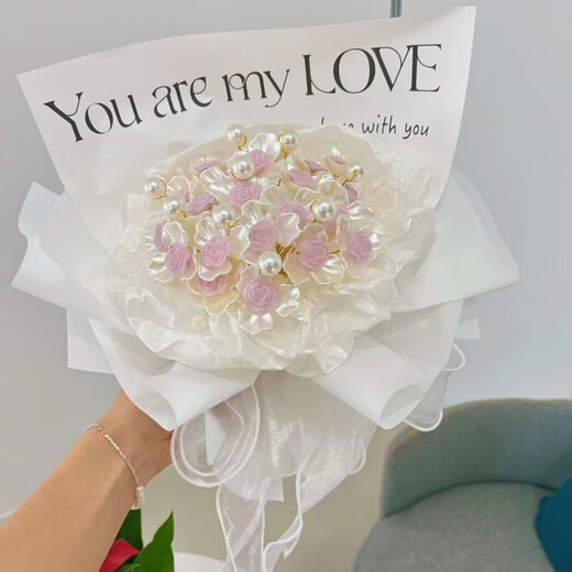 Hualan Rose Diy Handmade Gift Maker Bouquet of Flowers Bouquets for Best Friends Girlfriend Teacher's Day Creative Gifts 21 Magnolia + Pink Rose [Easy to Make] [Materials include beads + gift bags + video tutorials]