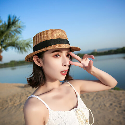Anzhishang Korean style straw hat for women summer British retro flat top small fresh top hat sun protection beach hat travel trendy summer beige