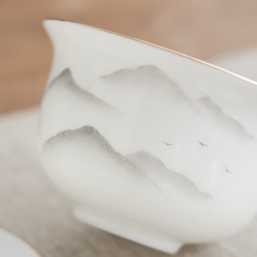 Gold-inlaid jade Kung Fu tea set Suet-fat jade porcelain household ceramics white porcelain with tea tray and bowl travel tea set gift set Gold-painted mutton-fat jade porcelain set with distant mountains