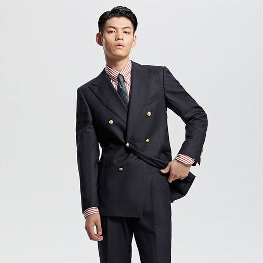 By Creations柏品法兰绒纯羊毛单西服男士布雷泽商务正装金属双排扣西装外套 黑色 48 (175/92A)