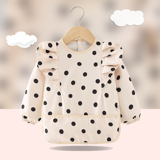 Funny baby smock, children's eating bib, waterproof and anti-dirty, spring and autumn, thin, female food apron, princess dress, reverse wear protective cover, long sleeves, beige black dot wings, 90 recommended for 1-2 years old