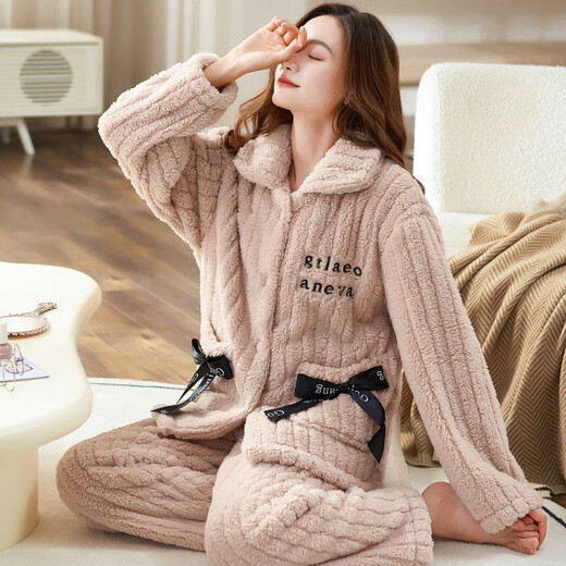 莫代尔法兰绒睡衣女士秋冬季加厚珊瑚绒家居服中青年妈妈装可外穿两件套 T679Luna白月光 超厚 L ：建议(100-120斤)