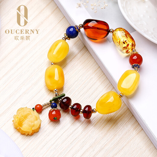 Ouchini Beeswax Duobao Bracelet Blood Amber Amber and Amber Rose Pendant Women's 4007 Duobao Bracelet (Ready Shipping)