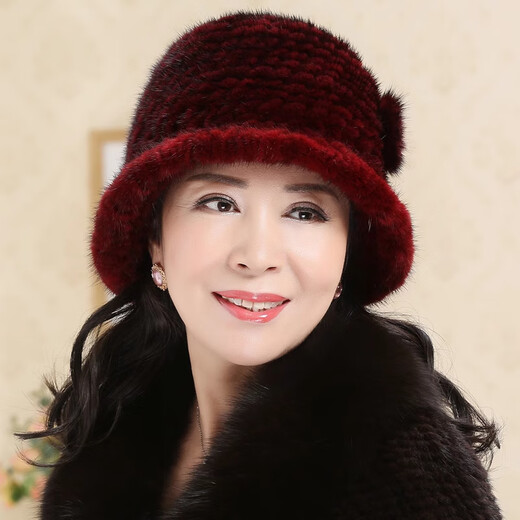 Yinghui Mink Fur Fisherman Hat Warm Flower Top Hat Middle-aged and Elderly Mink Fur Mom Hat Women Winter New Style Burgundy One Size