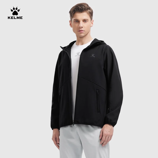 KELME Shadow Shark Sports Windbreaker Woven Jacket Men's Winter Windproof and Waterproof Hooded Velvet Jacket Agate Black XL