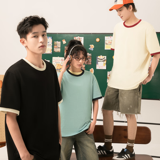 名创优品（MINISO）纯棉t恤男夏季撞色宽松高级感2025新款青少年潮流短袖 酒红 XL