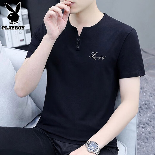 Playboy (playboy) T-shirt à manches courtes pour hommes 2025 Été Nouvelle tendance V-Neck Casual Loose Top Thin Cool Men's Clothing 5024 White L