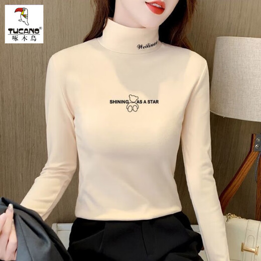Woodpecker German velvet half-turtle collar bottoming shirt for women in autumn and winter slim fit warm plus velvet bear top new long-sleeved T-shirt Charming apricot thickened double-sided velvet L Recommended 105-120Jin Jin equals 0.5 kg