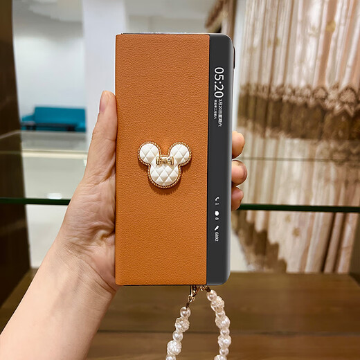 狮凯盾【智能视窗 | 免翻盖接听】华为MateX7手机壳全包matex6典藏版折叠屏高档皮套超薄X5防摔带手链女 【枫叶橙-全包翻盖】芭蕾女孩+金属米妮+玫瑰花手链 华为 Mate X5