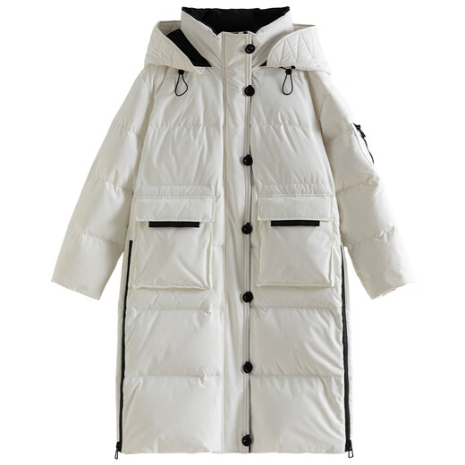 Single bundle large size women's mid-length age-reducing stand collar hooded down jacket for women with slightly fat mm winter new warm down jacket black and white M (size 1)