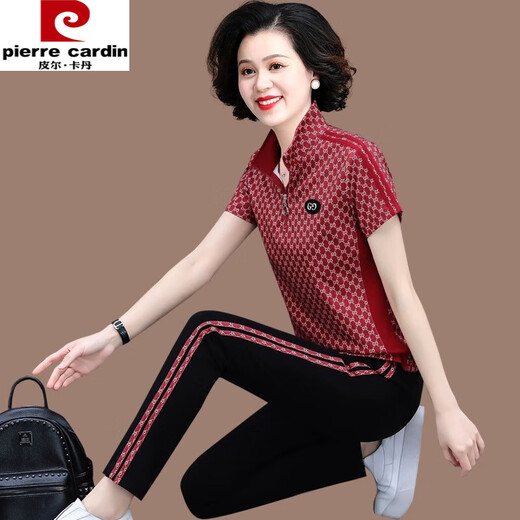Pierre cardin middle-aged mother summer short-sleeved T-shirt middle-aged sportswear suit women summer stand collar top fashion two-piece set 6625 black two-piece set 4XL (suitable for 142-155Jin [Jin equals 0.5 kg])