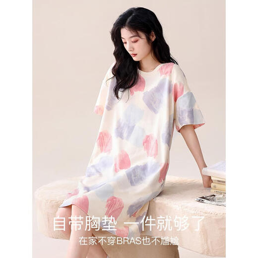 莫代尔带胸垫睡裙女款夏季纯棉短袖过膝中长款可外穿睡衣女生居家服套装 723 自带胸垫 宽松休闲 M 80100斤