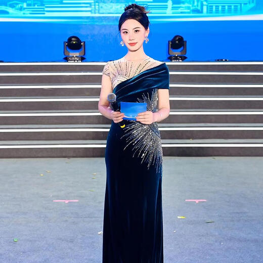 Xiaohanlu host dress female high-end blue velvet evening dignified atmosphere annual meeting fishtail skirt niche bel canto solo performance sapphire blue XL