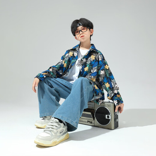 卡米班儿童街舞套装潮服男女童嘻哈牛仔裤套装少儿复古港风花衬衫演出服 258蓝长袖+965蓝长裤+841白短袖 160 cm