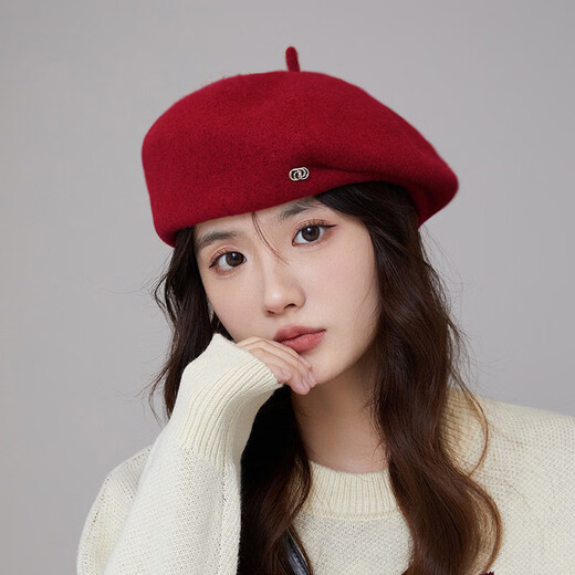 Taoyiyou (taoyiyou) Korean style large head hat for women in autumn and winter, warm and fashionable, versatile wool beret, Korean style face-showing little painter hat E-529 red wool beret, one size fits all