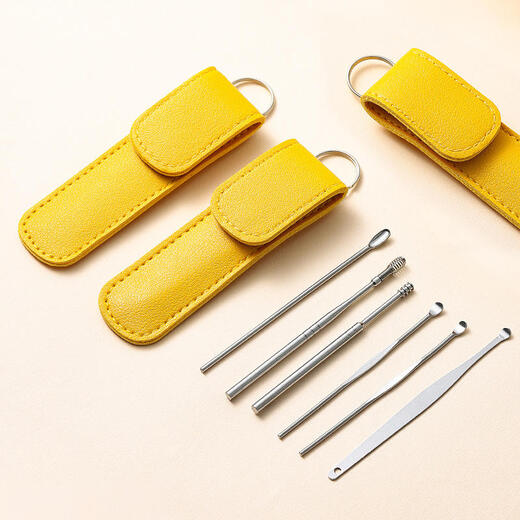 Han Meichen ear scoop six-piece set of ear picking tools stainless steel ear scoop leather bag cleaner home portable yellow light-emitting ear scoop 6 pieces/yellow leather set