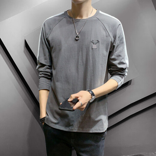 Pishibao full cotton men's long-sleeved T-shirt 2025 spring and autumn new tops trendy loose summer thin inner bottom shirt DS692 apricot color L weight recommendation 105-120Jin [Jin equals 0.5 kg]