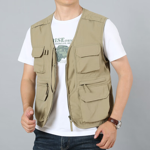 JP马甲男士薄款多口袋速干摄影背心工装马夹8578 卡其色 2XL (适合155斤-170斤)