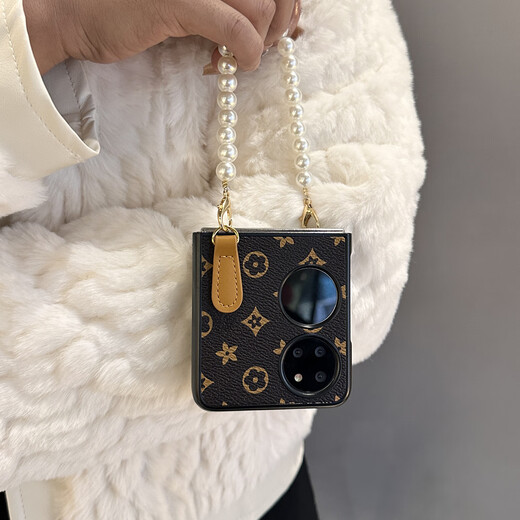 LENPY Lanpin new model suitable for Huawei Pocket2 mobile phone case folding screen crossbody advanced p50pockets hand chain protective case lanyard wrist strap p60 protective case for women all-in-pack anti-fall [coffee brown] retro trendy brand printing + pearl bracelet + oblique strap rope Huawei Pocket 2