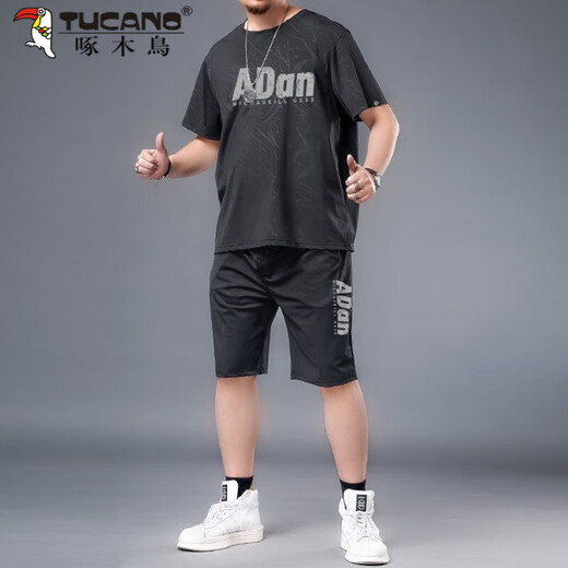 啄木鸟大码冰丝运动服套装男夏季胖子加肥加大速干短裤短袖t恤休闲男装 黑色826一套 XL 建议125-140斤