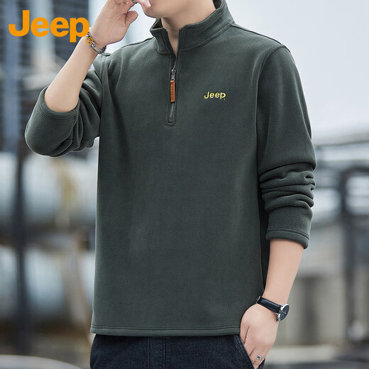 Jeep (JEEP) sweatshirt men's autumn and winter loose long-sleeved T-shirt heavyweight polar fleece thickened warm clothes men's military green 2XL