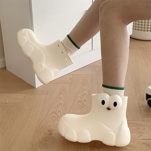 Thin strips (XIXITIAO) play with water on rainy days, anti-slip cute rain boots eva thick sole four seasons universal big eyes women wear rain boots off white single layer [cartoon big eyes] 36 36-37 large size 1