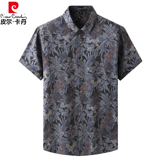 皮尔卡丹高端原單出口大码短袖衬男士胖子花衬衣特大码冰丝上衣 9207黑色 L 175【120-140斤】